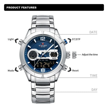 Montre de sport militaire de luxe NAVIFORCE pour hommes, lumineuse, étanche, bracelet en acier, affichage double numérique à quartz, montre-bracelet masculine.