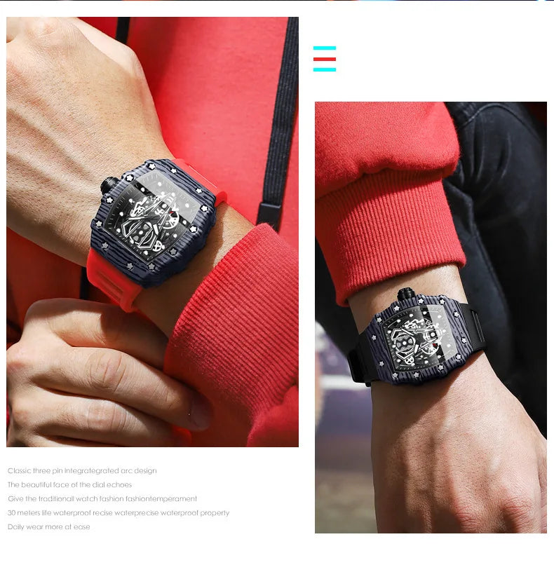 BINBOND Marque Homme Montre Tonneau Dominant Miroir Courbe Surface Creuse Sports Homme Montre-Bracelet Quartz en Silicone B8577