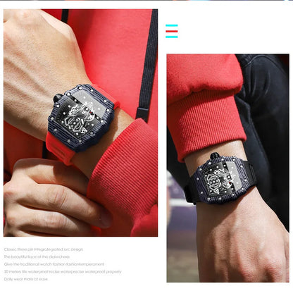 BINBOND Marque Homme Montre Tonneau Dominant Miroir Courbe Surface Creuse Sports Homme Montre-Bracelet Quartz en Silicone B8577