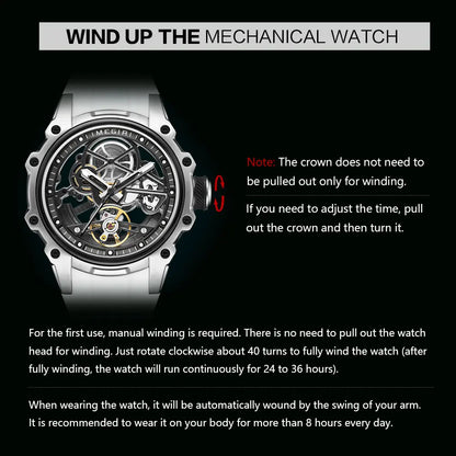 MEGIR Sports Automatic Mechanical Watch for Men Fashion Stainless Steel Cased Wristwatch with White Silicone Strap Skeleton Dial