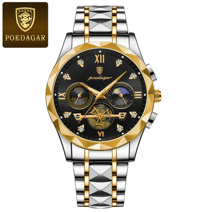 POEDAGAR Montre-bracelet homme de haute qualité en acier inoxydable, chronographe, pour affaires, étanche, lumineuse, à quartz