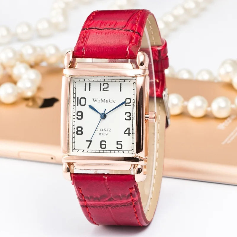 Montre-Bracelet Femme Luxe Métal Or Rose Carré Dames Quartz Rectangle Cuir Rouge Horloge Féminine
