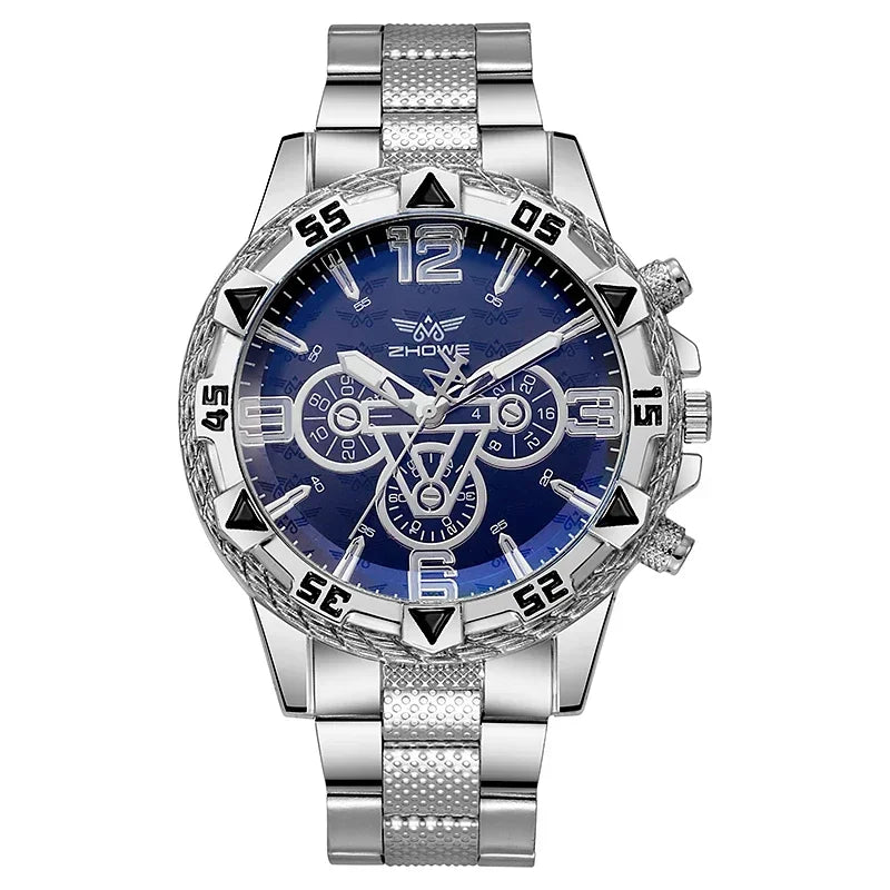 Montre à quartz de luxe pour homme, classique, pour homme d'affaires, grand cadran, bracelet en alliage d'acier, lumière bleue, trois yeux, montre à quartz pour homme.