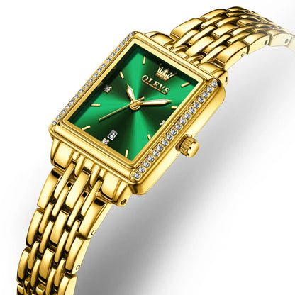 OLEVS Women Watches Fashion Golden Green Stainless Stain Steel Ladies Watch Waterproof Quarzt Wristwatch Romatic Girlfriend Gift