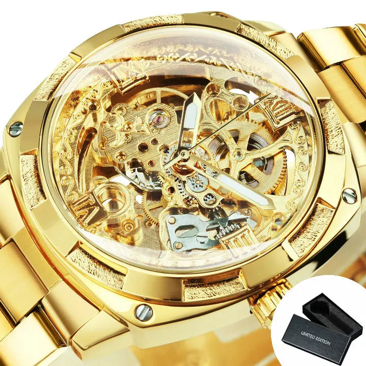 Forsining Montres mécaniques squelettes carrées Mouvement gravé de luxe Montre automatique rétro pour hommes Bracelet en acier Aiguilles lumineuses