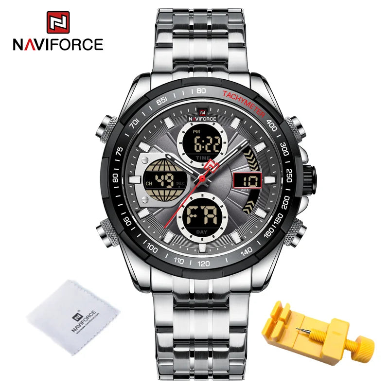 NAVIFORCE Montres-bracelets Homme Sport Décontracté Acier Inoxydable Étanche Lumineux Double Affichage Quartz Montre Horloge Homme Reloj Hombre