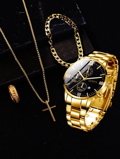 Ensemble de 4 pièces : montre à quartz pour homme en alliage doré de style romain avec calendrier et collier croix, bracelet et bague, cadeau sélectionné