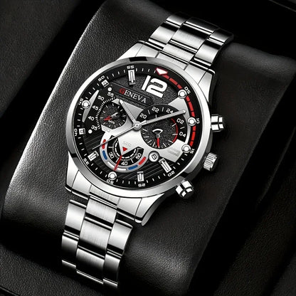 Montre à quartz pour hommes tendance 4pcs/1pcs - bracelet en acier inoxydable, boîtier rond en alliage de zinc, sports électroniques