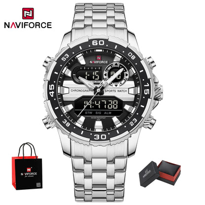 Top Marque NAVIFORCE Montre Homme Analogique LCD Numérique Bracelet en Acier Inoxydable Étanche Date Horloge Cadeaux
