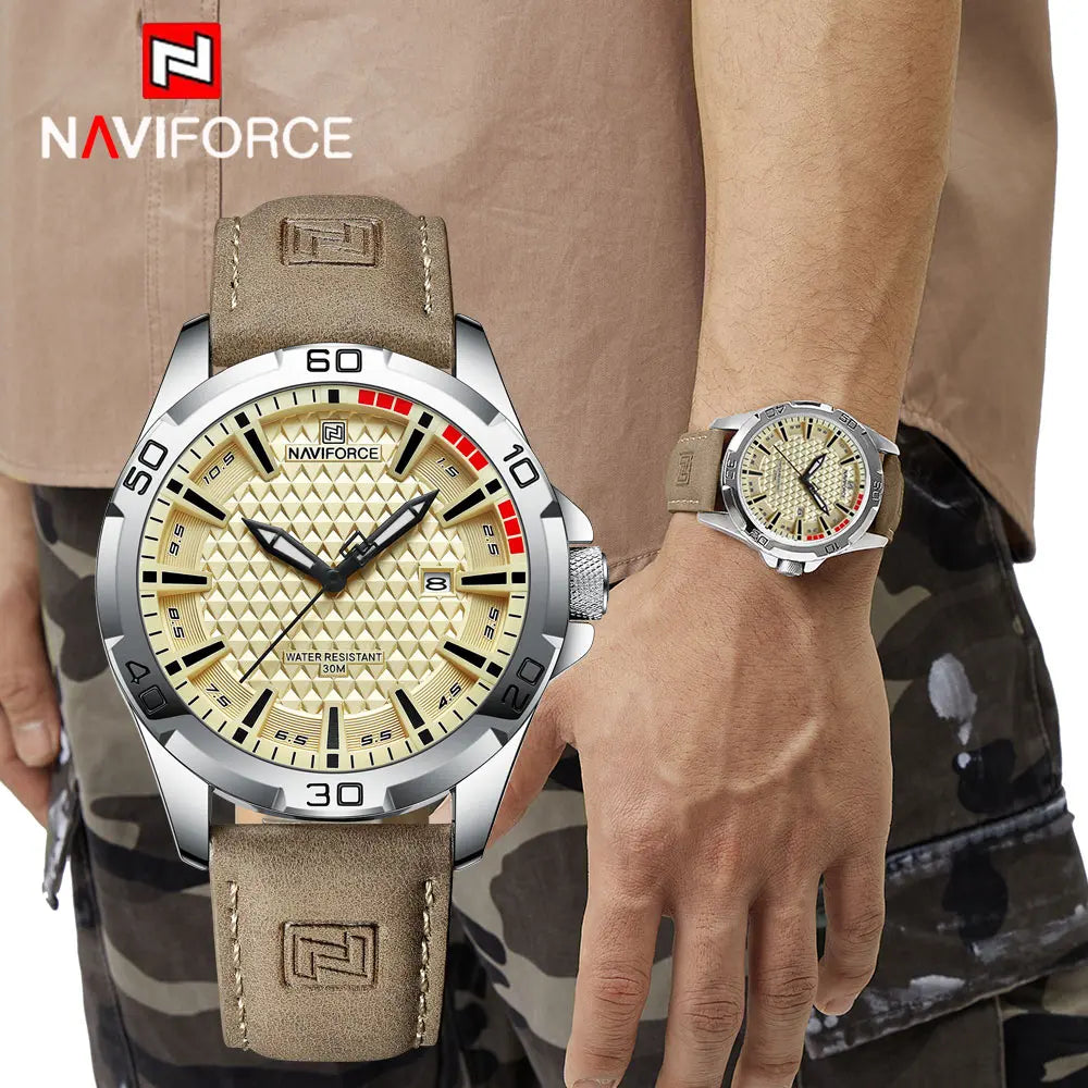 Montre-bracelet à quartz décontractée NAVIFORCE pour homme, style militaire, avec calendrier, étanche, en cuir, pour homme d'affaires, Relogio Masculino