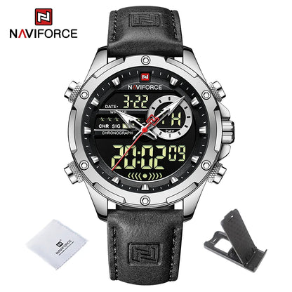 NAVIFORCE Nouvelles montres homme en cuir véritable, mouvement à quartz, chronographe, marque de luxe, lumineuses, analogiques, numériques, pour homme
