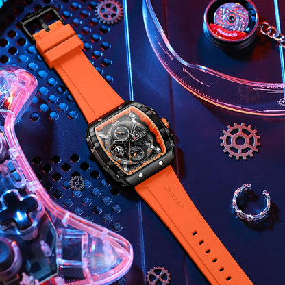 CURREN Tonneau Dial Chronograph Watch with Yellow Silicone Strap