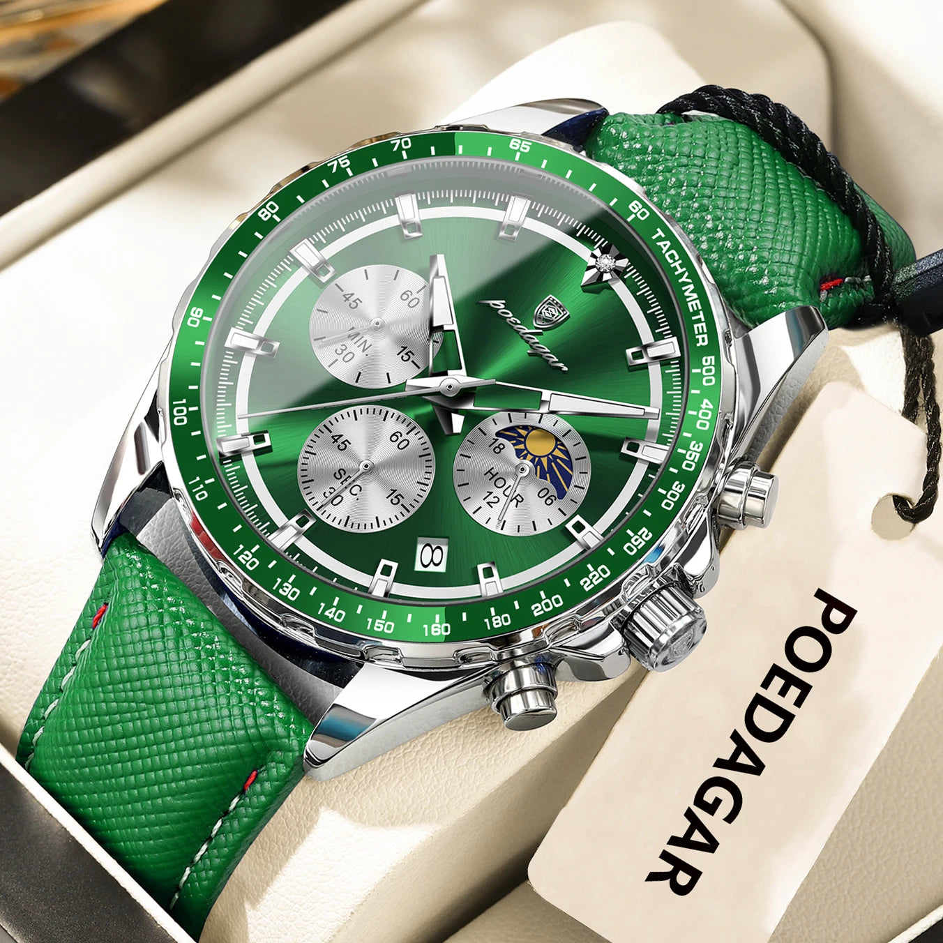 POEDAGAR Montre Homme Originale Tendance Lumineuse Étanche Chronographe Date Bracelet Cuir Quartz Sport Montres Hommes Reloj
