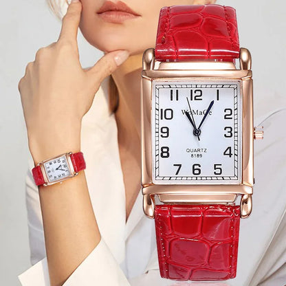 Montre-Bracelet Femme Luxe Métal Or Rose Carré Dames Quartz Rectangle Cuir Rouge Horloge Féminine