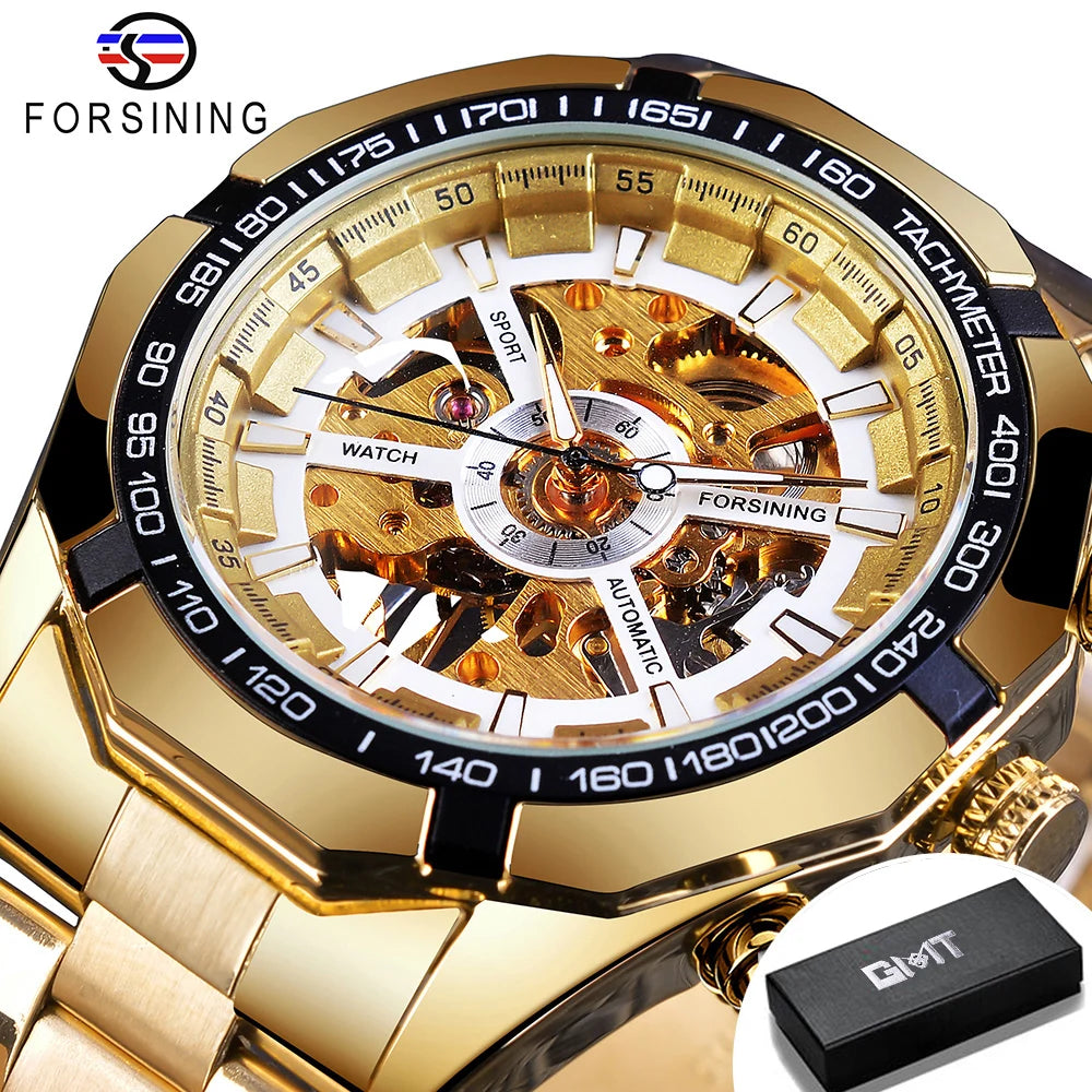 Forsining 2025 Montres Homme Squelette en Acier Inoxydable Étanche Marque de Luxe Transparente Mécanique Sport Montres-bracelets pour Hommes
