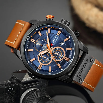 CURREN 8291 Montre Bracelet Homme Quartz Chronographe Cuir Décontracté Militaire Sport Mode Gentleman