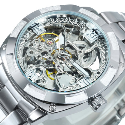 Forsining Montres mécaniques squelettes carrées Mouvement gravé de luxe Montre automatique rétro pour hommes Bracelet en acier Aiguilles lumineuses