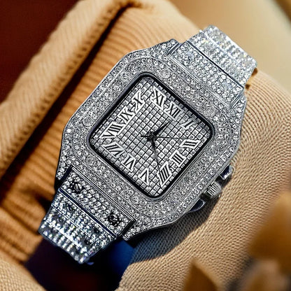 Montre de luxe pour hommes, bracelet élégant en alliage, montre à quartz, date, diamant, or, style Hip Hop Montre Homme