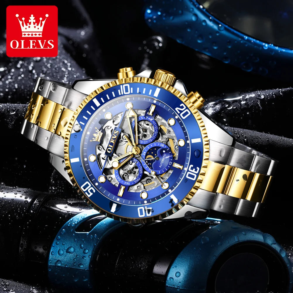 OLEVS Brand Luxury Automatic Mechanical Watch Men Skeleton Watch Week Date Waterproof Stainless Steel Hollow Business Men Watch