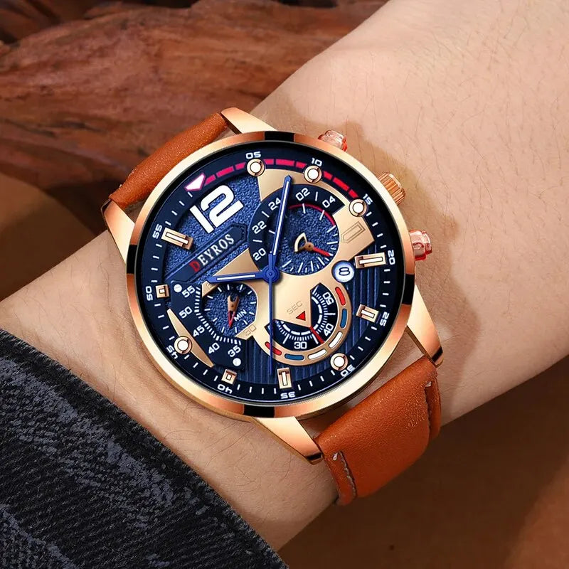 Ensemble 2 Pièces Montres Tendance Homme Calendrier Luxe Masculin Business Décontracté en Cuir Marron Montre à Quartz Homme Bracelet Montre-Bracelet