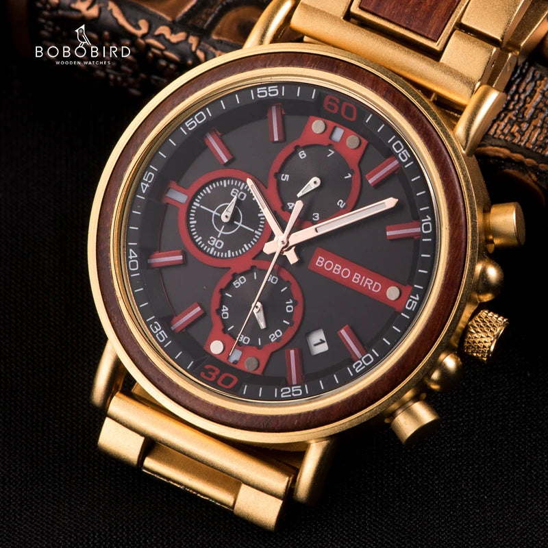 Relogio Masculino BOBO BIRD Montre Homme en Bois de Marque de Luxe Élégante Chronographe Militaire dans une Boîte en Bois reloj hombre