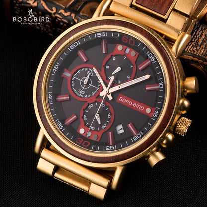 Relogio Masculino BOBO BIRD Montre Homme en Bois de Marque de Luxe Élégante Chronographe Militaire dans une Boîte en Bois reloj hombre