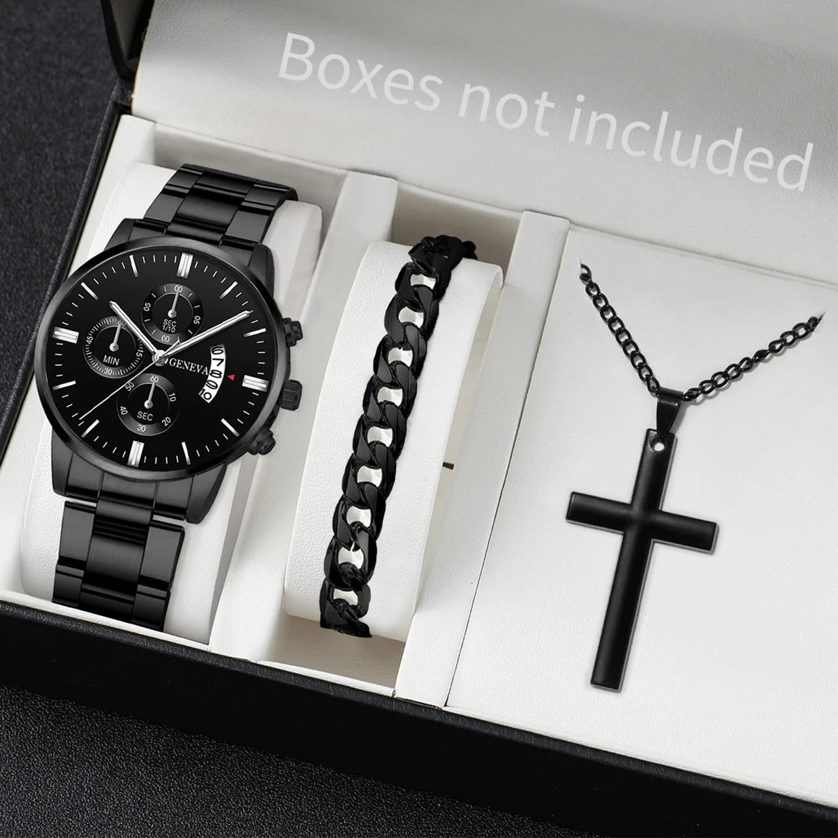 3 pièces/ensemble Montre à bracelet en acier inoxydable pour hommes, mode, montre-bracelet décontractée à quartz avec calendrier, ensemble de bijoux (sans boîte)