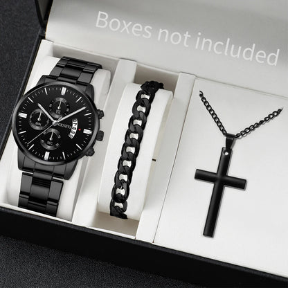 3 pièces/ensemble Montre à bracelet en acier inoxydable pour hommes, mode, montre-bracelet décontractée à quartz avec calendrier, ensemble de bijoux (sans boîte)
