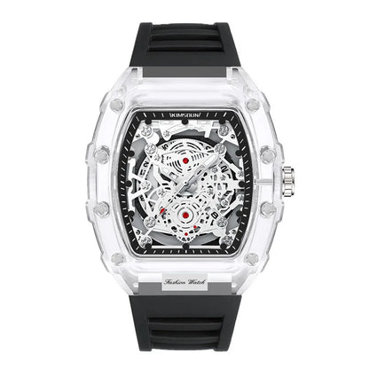 Montre Décontractée Tendance pour Homme Montre à Quartz pour Homme avec Cadran Lumineux, Fonction Calendrier, Bracelet en Silicone, Boîtier Transparent en Forme de Tonneau Reloj