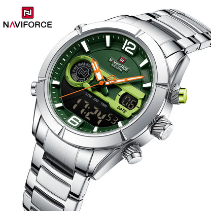 Montre de sport militaire de luxe NAVIFORCE pour hommes, lumineuse, étanche, bracelet en acier, affichage double numérique à quartz, montre-bracelet masculine.