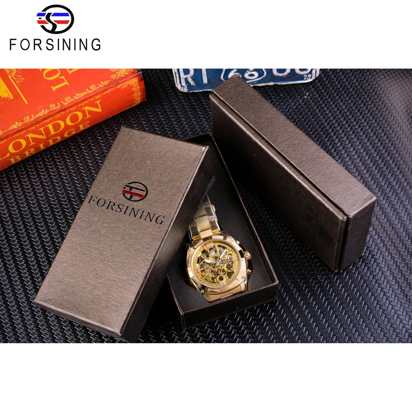 Forsining Montre Mécanique Automatique Transparente Rétro pour Hommes Marque de Luxe Aiguilles Lumineuses Dorées Squelette
