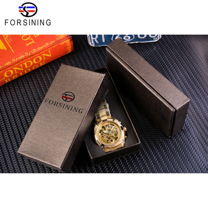 Forsining Montre Mécanique Automatique Transparente Rétro pour Hommes Marque de Luxe Aiguilles Lumineuses Dorées Squelette
