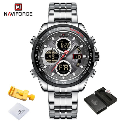 NAVIFORCE Montres-bracelets Homme Sport Décontracté Acier Inoxydable Étanche Lumineux Double Affichage Quartz Montre Horloge Homme Reloj Hombre