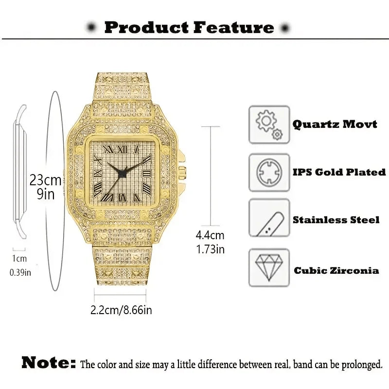 Montre-bracelet à quartz classique de luxe pour hommes avec bracelet en acier, cadran carré à chiffres romains et strass, pour hommes, Relogio Masculino
