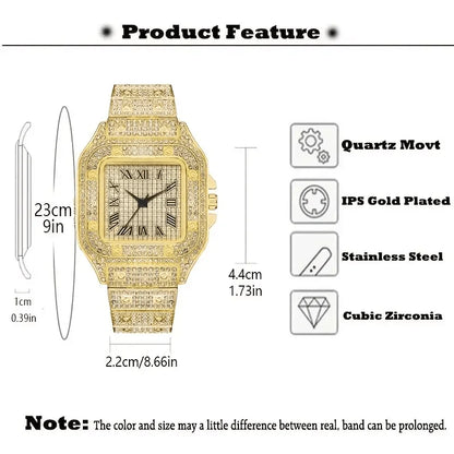 Montre-bracelet à quartz classique de luxe pour hommes avec bracelet en acier, cadran carré à chiffres romains et strass, pour hommes, Relogio Masculino
