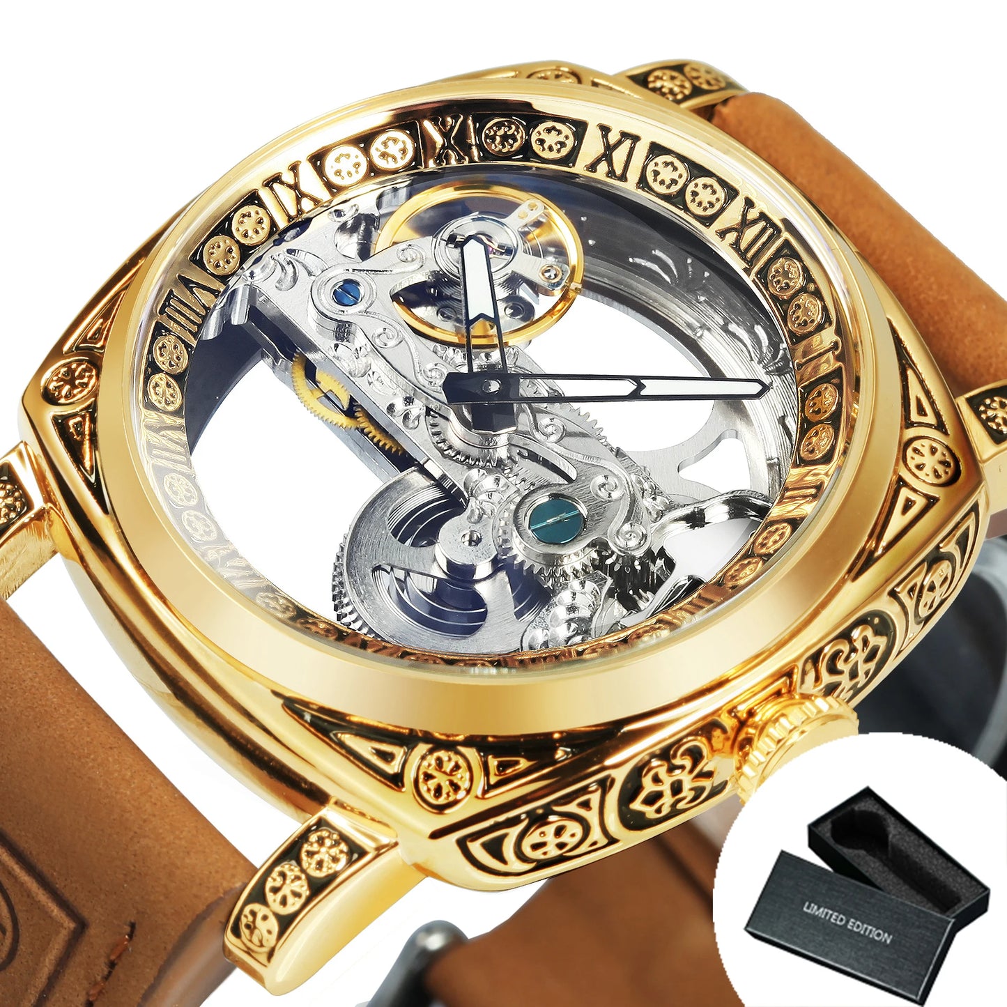 Forsining Vintage Square Skeleton Automatic Mechanical Watch for Men Engraved Case Steel Leather Strap Business Mens Watches