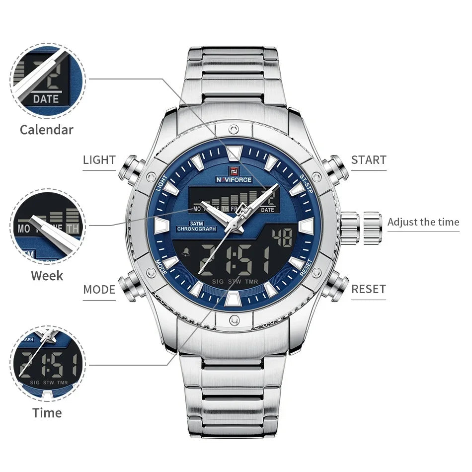 Montre NAVIFORCE Originale Neuve pour Hommes Double Affichage Heure Étanche Acier Inoxydable Multifonction Compte à Rebours Sports Réveil