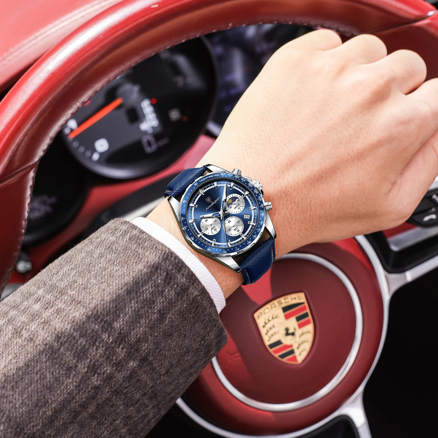 POEDAGAR Montre Homme Originale Tendance Lumineuse Étanche Chronographe Date Bracelet Cuir Quartz Sport Montres Hommes Reloj