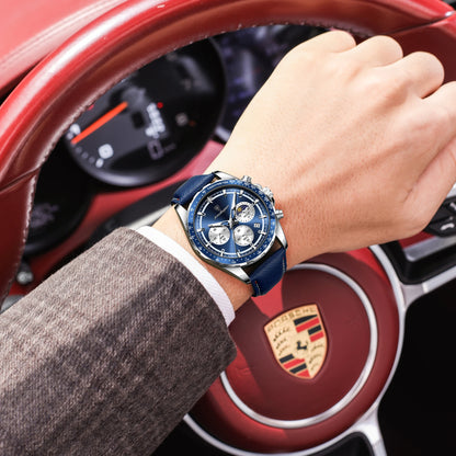 POEDAGAR Montre Homme Originale Tendance Lumineuse Étanche Chronographe Date Bracelet Cuir Quartz Sport Montres Hommes Reloj