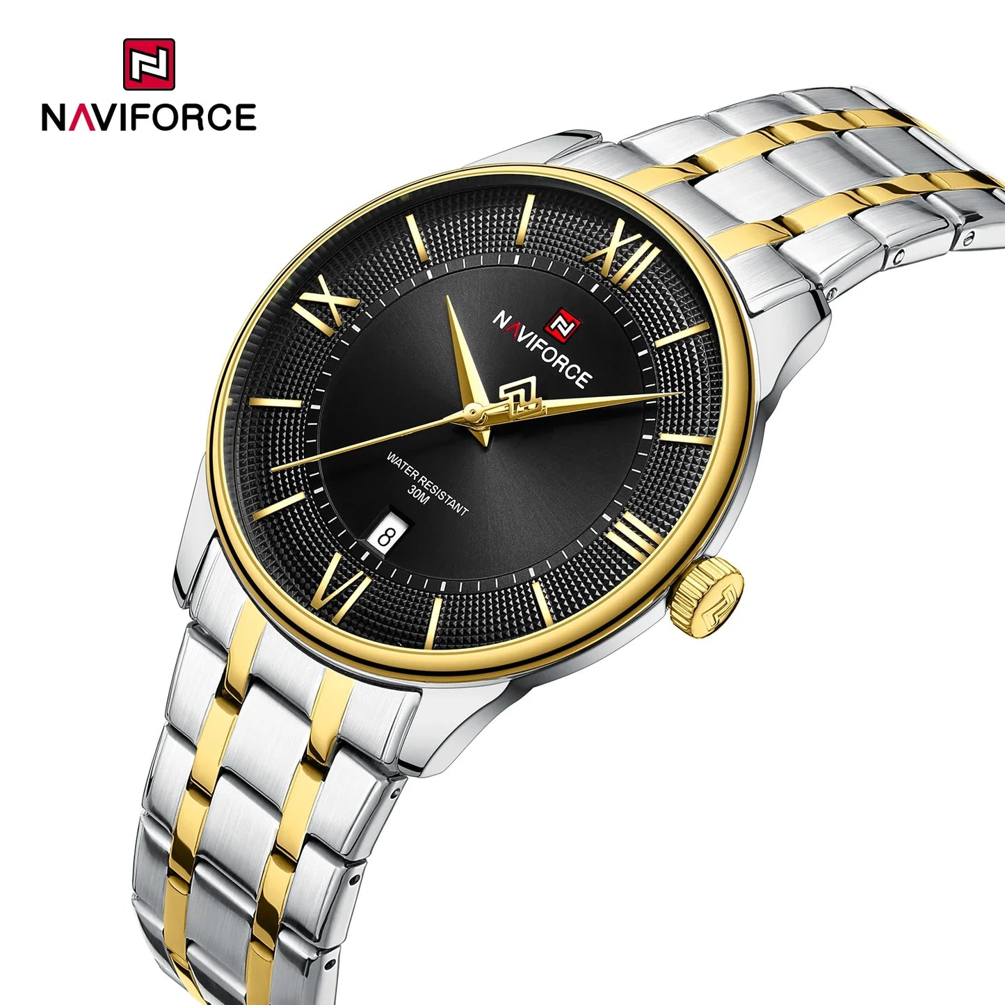 NAVIFORCE Nouvelle Montre à Quartz pour Homme avec Bracelet en Acier Inoxydable, Calendrier, Modèle Business Décontracté, Étanche et Antichoc