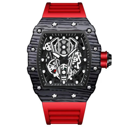 BINBOND Marque Homme Montre Tonneau Dominant Miroir Courbe Surface Creuse Sports Homme Montre-Bracelet Quartz en Silicone B8577