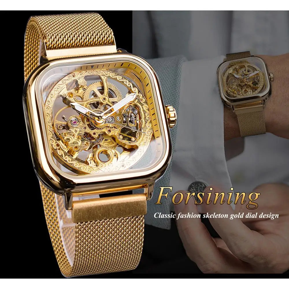 Forsining Montres mécaniques pour hommes, à remontage automatique, dorées transparentes, mode, maille acier, montre-bracelet squelette pour homme, chaude du moment