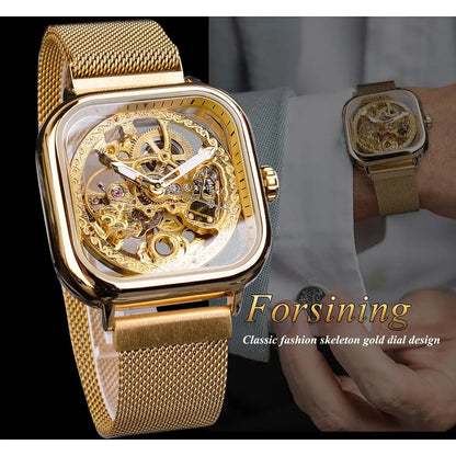 Forsining Montres mécaniques pour hommes, à remontage automatique, dorées transparentes, mode, maille acier, montre-bracelet squelette pour homme, chaude du moment