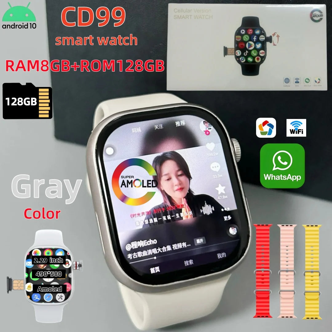 Montre intelligente CD99 8 Go de RAM AMOLED Wifi ROM GPS 128 Go Position Téléchargement d'applications Bluetooth Hommes Femmes Version carte cellulaire Montre connectée