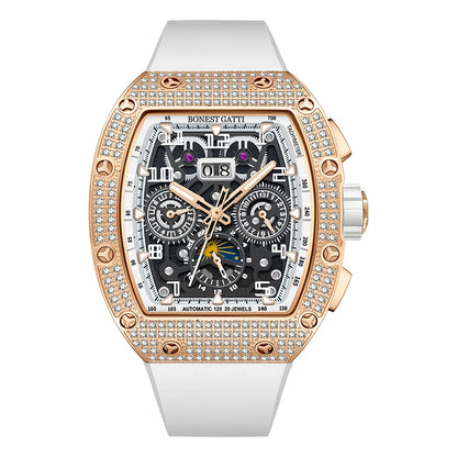 Montre Automatique BONEST GATTI Tonneau Mécanique Bracelet Caoutchouc Lunette Diamant Montres Pour Hommes