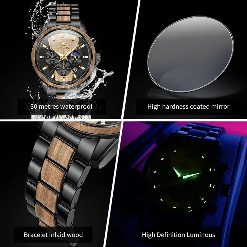 ChronoState OLEVS 3645 – Montre chronographe multifonction phases de lune | Montre de luxe pour homme à quartz et bois