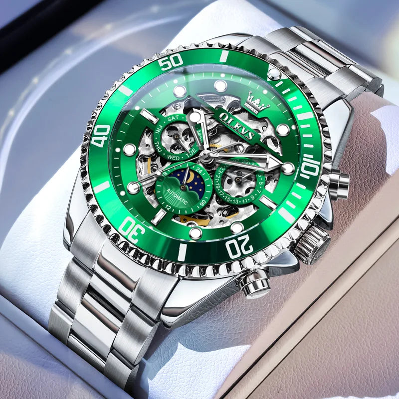 OLEVS Brand Luxury Automatic Mechanical Watch Men Skeleton Watch Week Date Waterproof Stainless Steel Hollow Business Men Watch