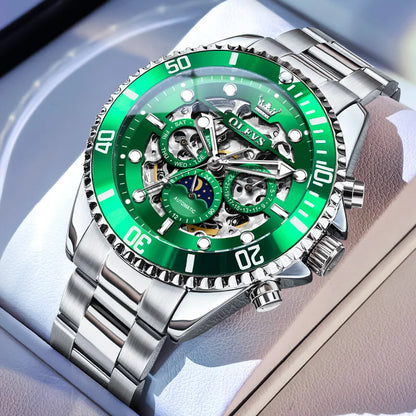 OLEVS Brand Luxury Automatic Mechanical Watch Men Skeleton Watch Week Date Waterproof Stainless Steel Hollow Business Men Watch
