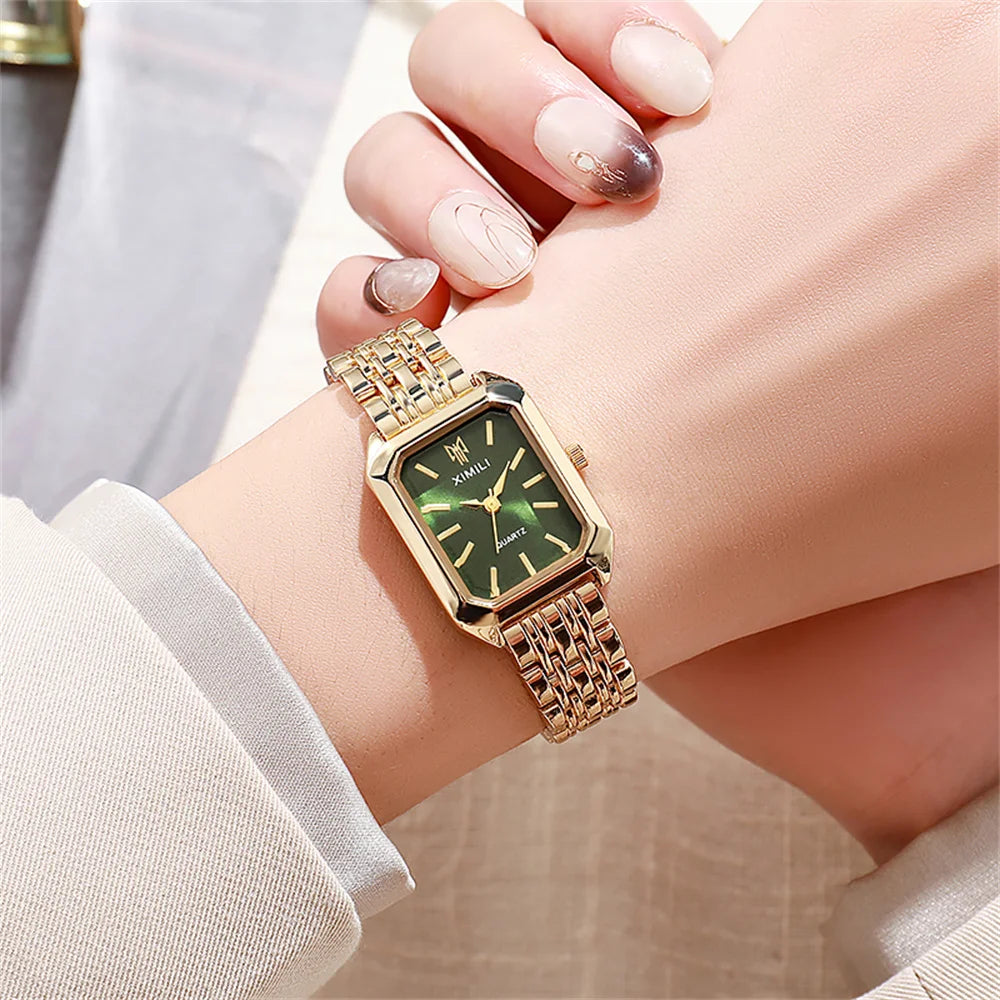 Montre à quartz de luxe pour femme, mode, cadran simple, carré, plaqué or de qualité, montre-bracelet d'affaires en acier inoxydable avec boucle déployante