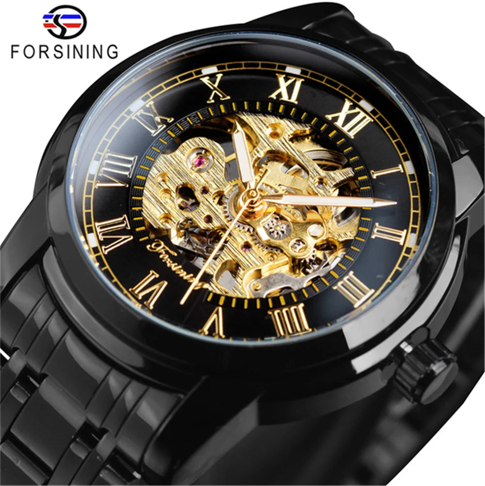 Forsining 349 Montre mécanique pour homme, boîtier rond, squelette, acier inoxydable, argenté et noir, montres-bracelets manuelles pour homme